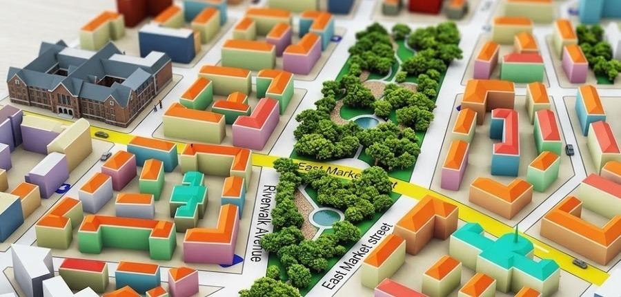 Master planning model with landscape and roads
